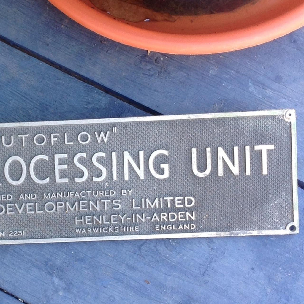 TARGHETTA INDUSTRIALE VINTAGE "VAQUA PROCESSING UNIT" - ENGLAND, ALLUMINIO ANNI '60